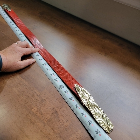 Vintage Red Faux Snakeskin Belt with Gold Tone Metal Leaves - Picture 12 of 16